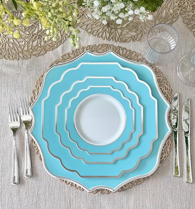 " OCCASIONS " 20 Pieces 13.25'' Scalloped Disposable/Reusable Plastic Charger Plates for Wedding, (Scalloped Imperial Turquoise Blue/Green & Silver)