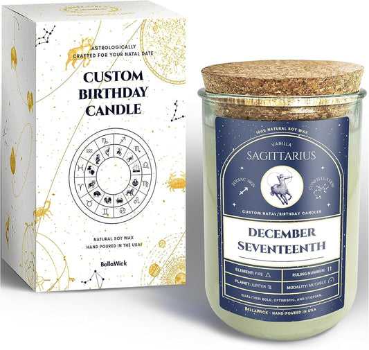 Birthday Candles - Custom Birthdate Astrological Zodiac Scented Candles. Astrology Gifts. All Natural Soy Wax. 75+ Hour Burn Time. Made in USA - December 17