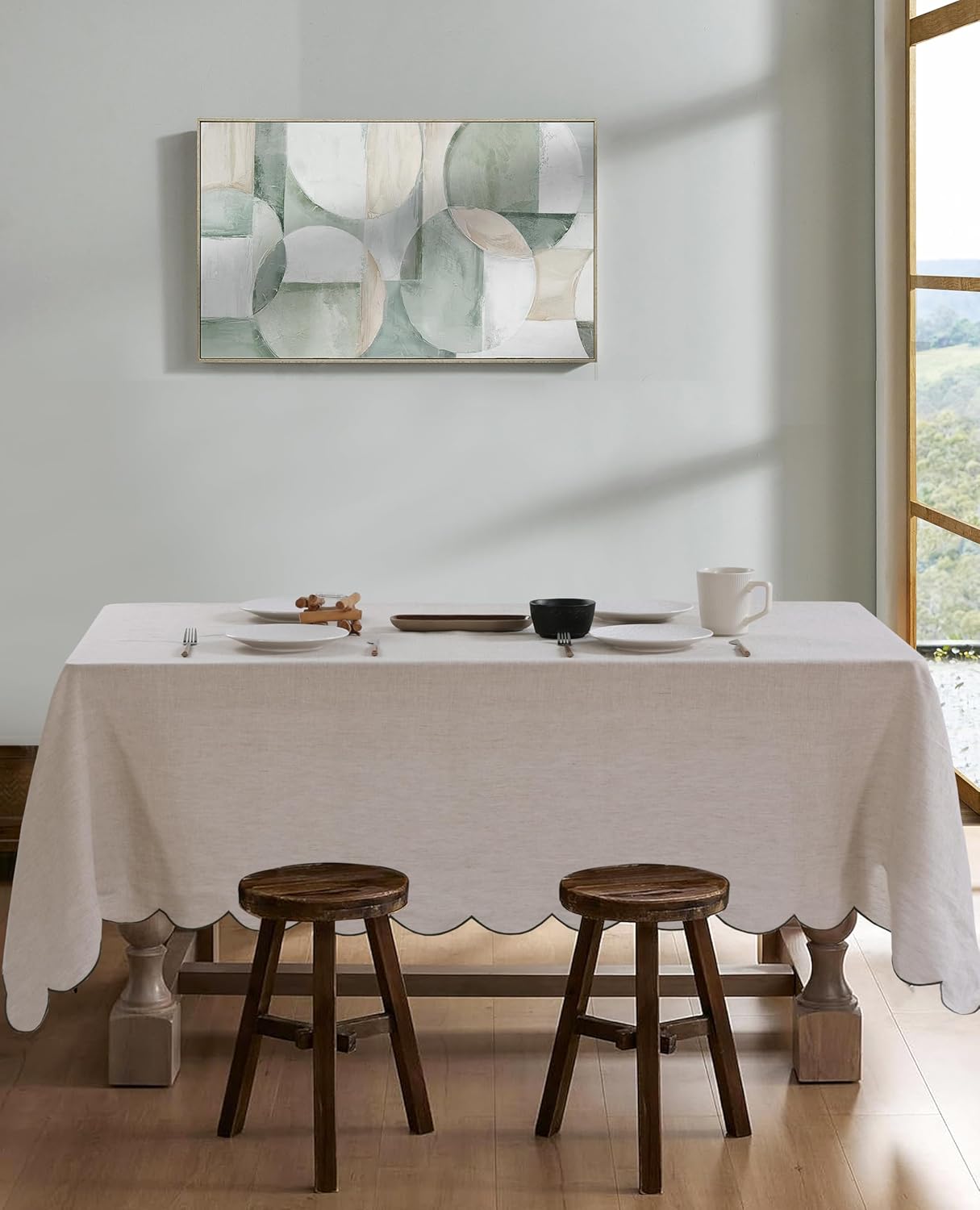 100% French Flax Linen Tablecloths Scalloped Embroidery Rectangle 132Lx60W Inch for Dinners, Parties, Spring, Machine Washable, 12-14 Sets, Linen(Edges-Green)