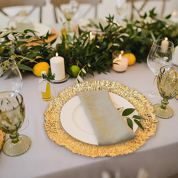 24-Unit Gold Charger Plates Collection, 13 Inch Round Plastic Chargers for Formal Dinner Weddings Banquets Party Events (Foral Gold, 24 PCS)