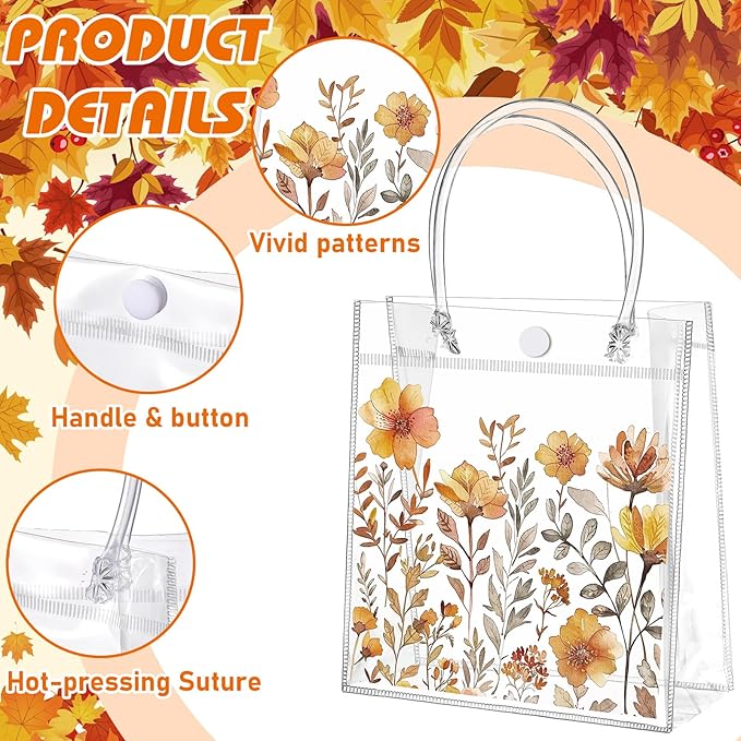 Tioncy 24 Pcs Spring Floral Clear Gift Bags Boho Flower Transparent candy Bags with Handle Wild Floral PVC Treat Bag for Wedding Favors Birthdays Supplies