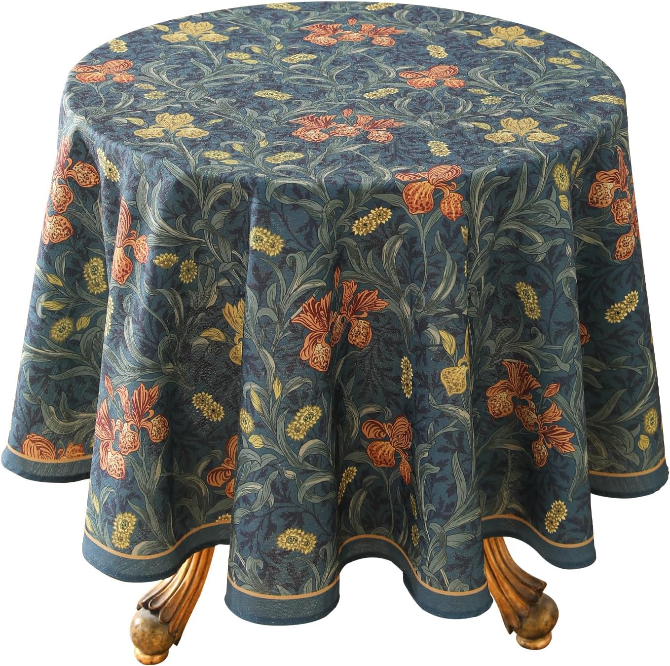 patdrea Designer Dark Blue Linen Round Tablecloth,Vintage French Rustic Floral Pattern Tablecloths,Decorative Table Cover Cloth for Kitchen,Dining,Tea Party,Home,Christmas,Diameter 55"