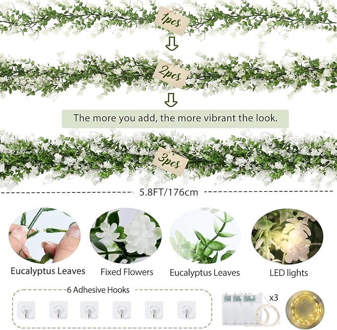 RECUTMS Greenery Vines Garland 3 Pack Artifical Garland with Lights Hanging Greenery Table Garland Greenery Artificial Green Leaves for Mantel Wedding Backdrop Arch Wall Indoor Outdoor Decor(White)