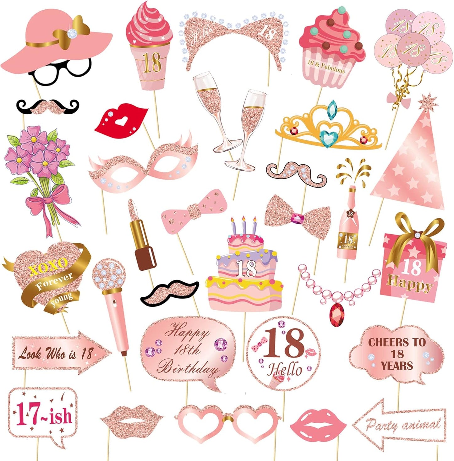 Birthday Decorations, Tumwisk 33PCS 18th Birthday Decorations for Girls, Rose Gold Happy 18th Photo Booth Props Glitter Girl Party Selfie Props (18th)