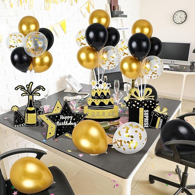 6 Sets Balloon Stand Kit for Table Happy Birthday Black Gold Balloon Centerpiece Decor Black and Gold Balloon Stand Kit for 40th 50th 60th 70th Birthday Party Decoration