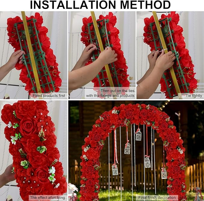 Wedding Arch Artificial Flowers Panels- 10Pack Faux Floral Swags Rose Silk Realistic Arch Faux Hydrangea Row Arrangement for Romantic Event Wall Reception Ceremony Welcome Sign Decor-Red