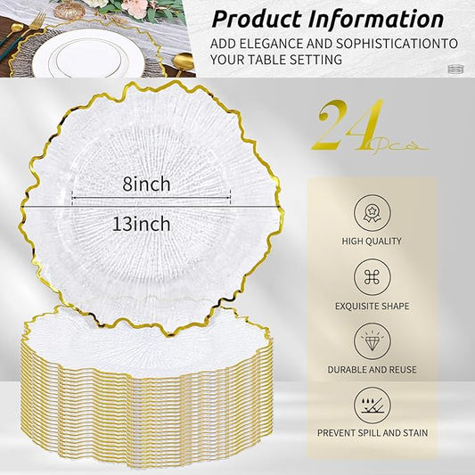 Pesonlook 24Pcs Gold Charger Plates Round 13inch, Clear with Gold Rim, Reef Charger Plate for Dinner, Bulk Plastic Floral Table Plates for Dinner Wedding Party Event