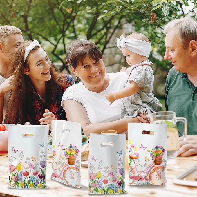 3sscha 50Pcs Spring Floral Tulip Party Favor Bags - Springtime Flower Plastic Waterproof Goodie Bag Bloom Butterfly Rectangular Gift Pack for Kids Birthday Baby Shower Decoration Party Supplies