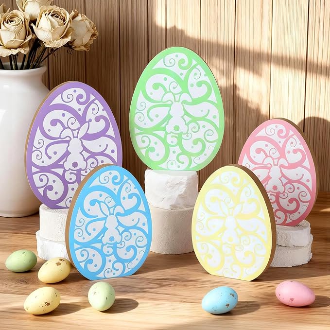 5 Pcs Wooden Hidden Bunny Easter Egg Tiered Tray Sign for Table Centerpieces Decoration Spring Cute Rabbit Mantal Ornament for Farmhouse Fireplace Easter Egg Hunts Basket Home Kitchen Party Supplies