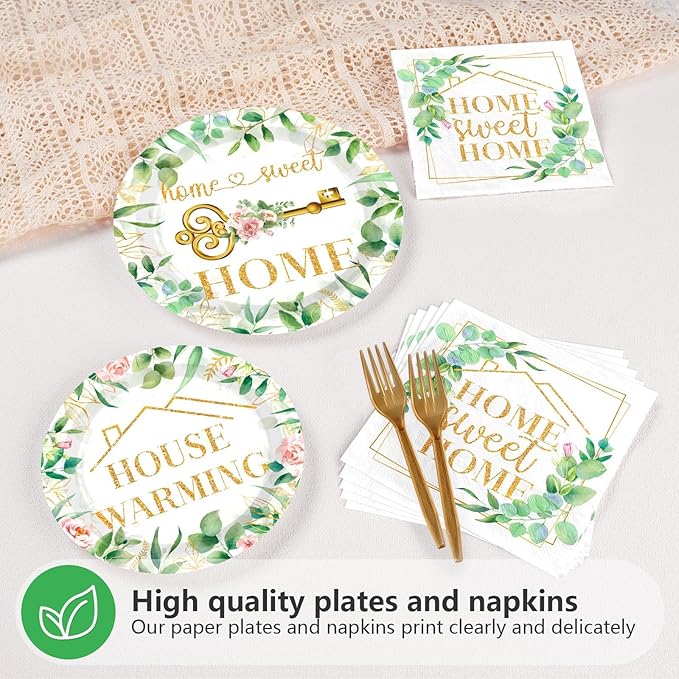 Grencian 200Pcs House Warming Party Decorations Housewarming Plates Disposable Home Sweet Home Plates Green Leaves Pink Floral Paper Tableware for New House Wedding Party Supplies, Serves 50