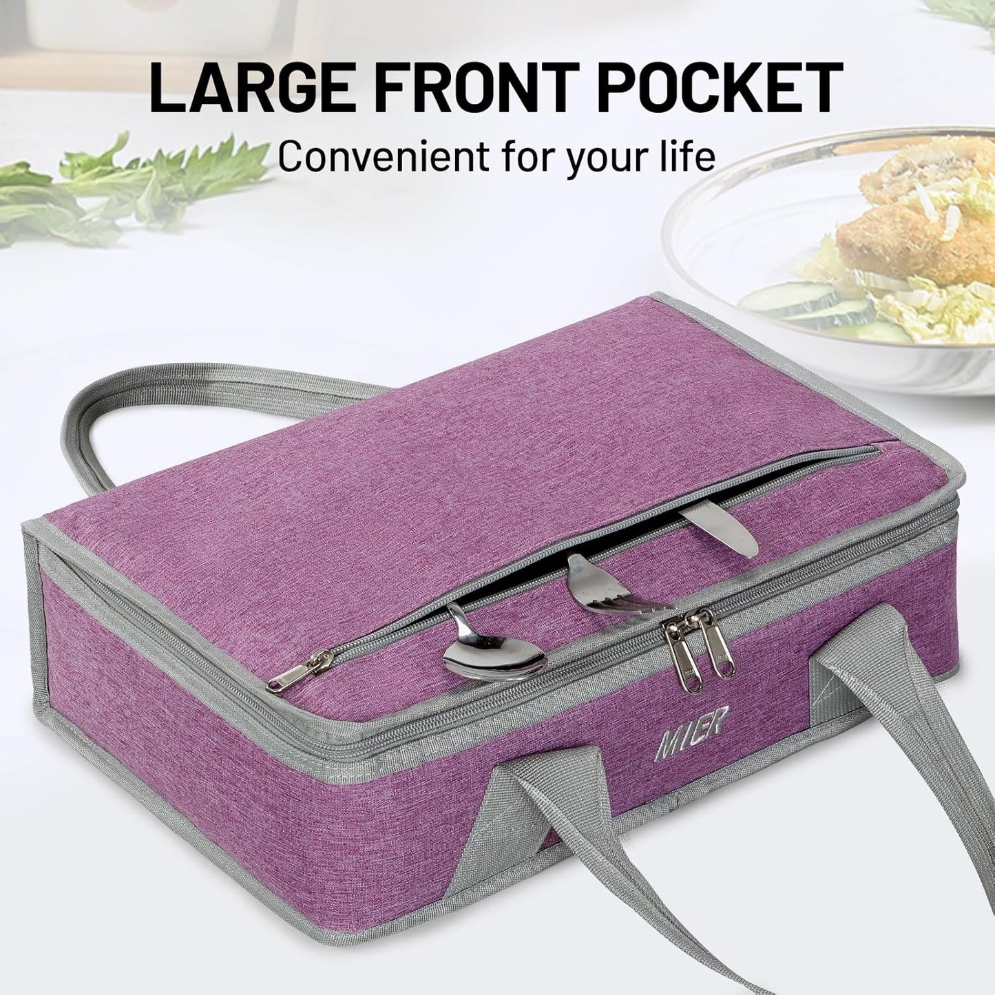 MIER Insulated Casserole Carrier for Hot or Cold Food Thermal Food Carrier Bag for Lasagna Potluck Parties Picnic Cookouts, Fits 9"x13" Baking Dish/Foil Pan, Purple