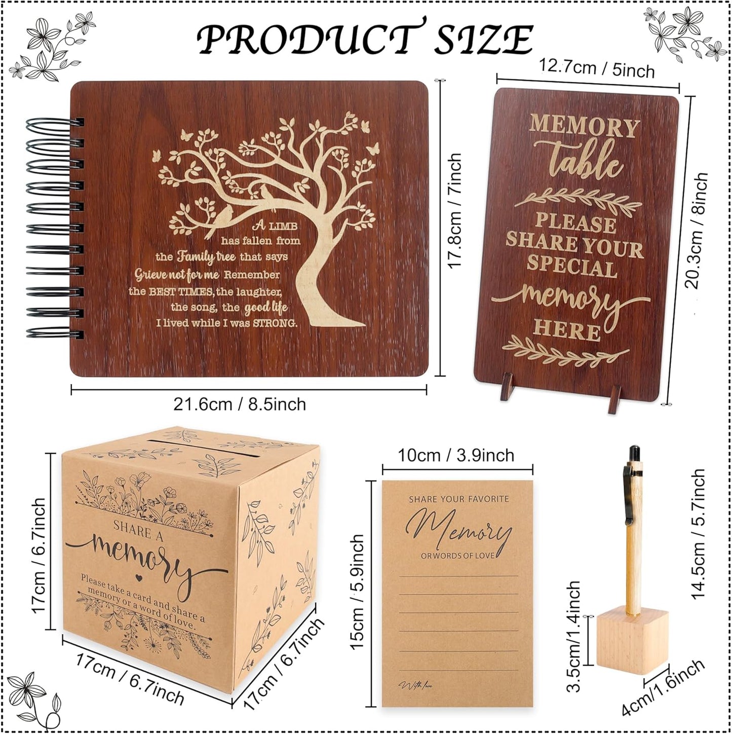 PREKIAR Funeral Guest Book Set Wooden Guest Books for Memorial Service Celebration of Life in Loving Memory with 50pcs Share a Memory Card Cards Box Table Sign and Pen (Brown- Guest Book Set #2)