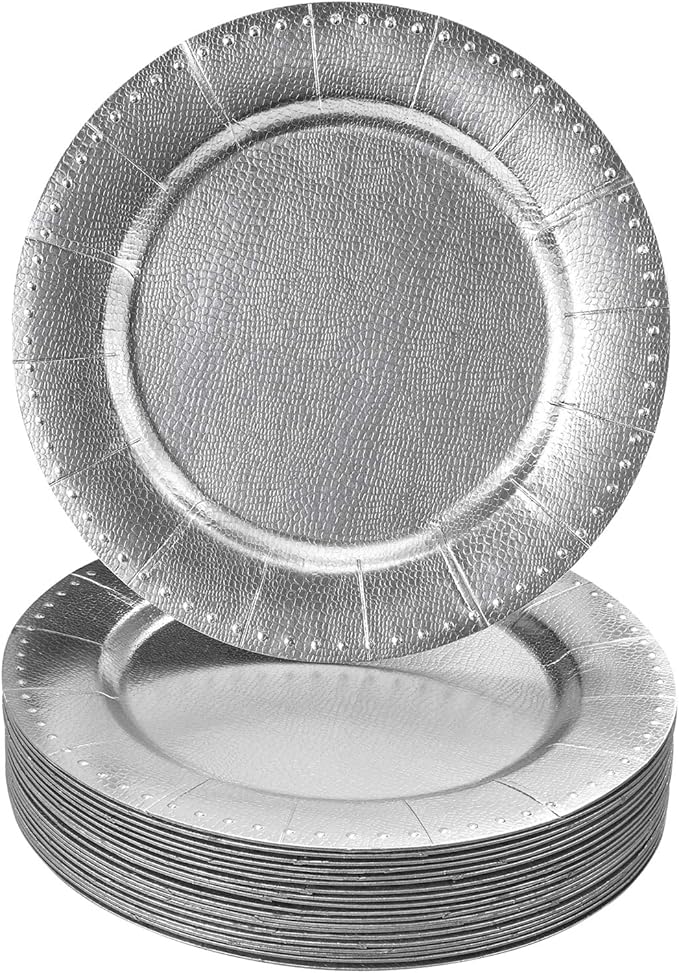 SILVER SPOONS Elegant Disposable Charger Plates For Party - (10 Piece) Heavy Duty Disposable Dinner Set 13”, Fine Dining Charger Dishes For Elegant China Look, for Celebrations & Events, Silver