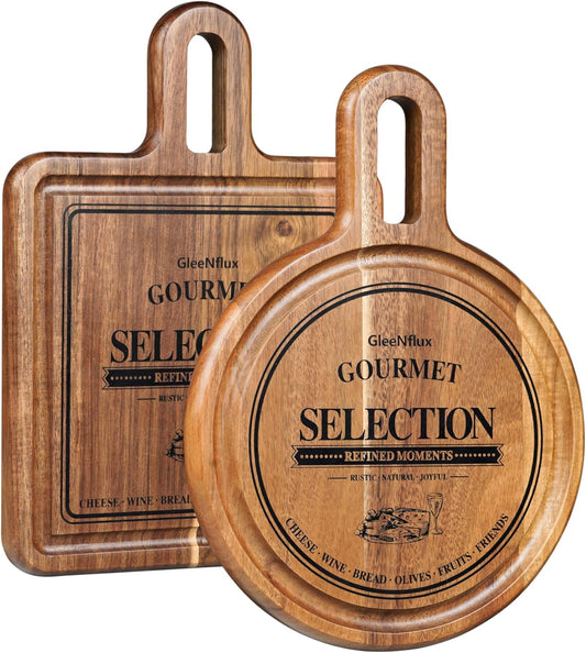 Acacia Cheese Board and Small Cutting Board Set with Groove, Round & Square Wooden Charcuterie Serving Boards for Cheese, Meat, Bread, Fruit – Kitchen & Gift Set
