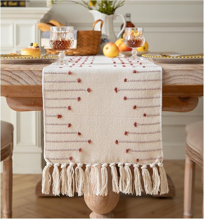 Caflife Boho Table Runner 13 x 90 Inch Long Natural Cotton Woven Runner with Tassels for Fall Home Dining Table décor, for Modern Farmhouse Decor Coffee Table Runner, Rust and Beige