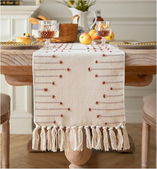 Caflife Boho Table Runner 13 x 60 Inch Long Natural Cotton Woven Runner with Tassels for Home Dining Table décor, for Modern Farmhouse Decor Coffee Table Runner, Rust and Beige
