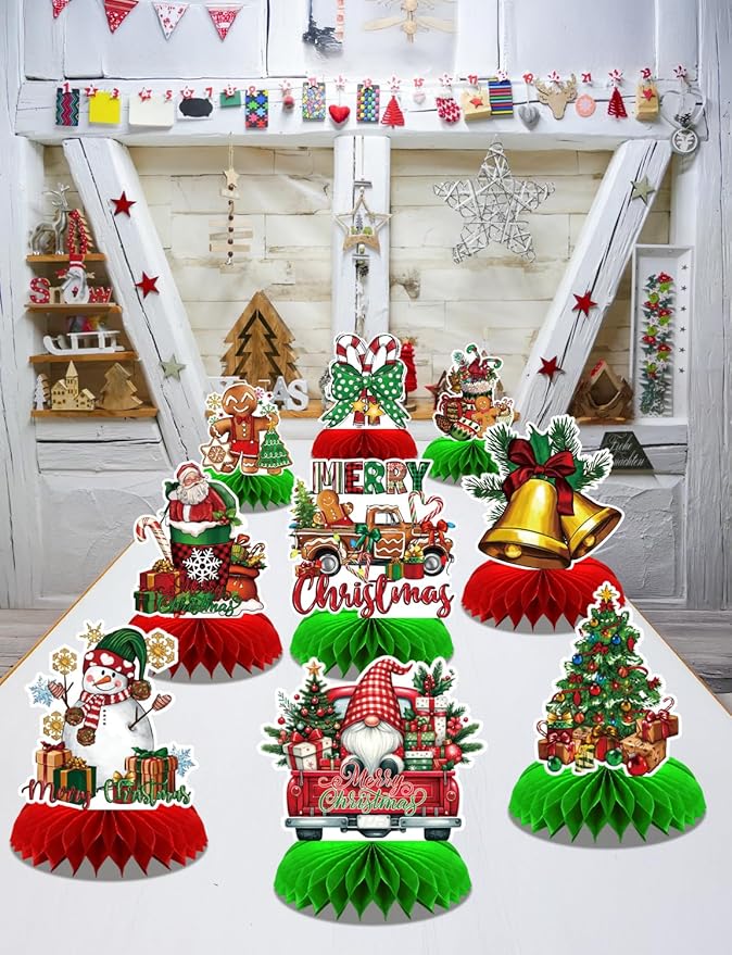 Christmas Party Table Decorations, 9Pcs 3D Christmas Honeycomb Centerpieces with Santa Claus & Snowman Designs, Festive Table Toppers for Winter Christmas Party Supplies