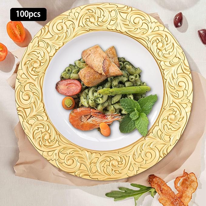 100 Pcs Gold Charger Plates Bulk, 13 Inch Antique Charger Plate Set Plastic Embossed Dinner Plate Reusable Plates for Table Setting Wedding Party (Gold)