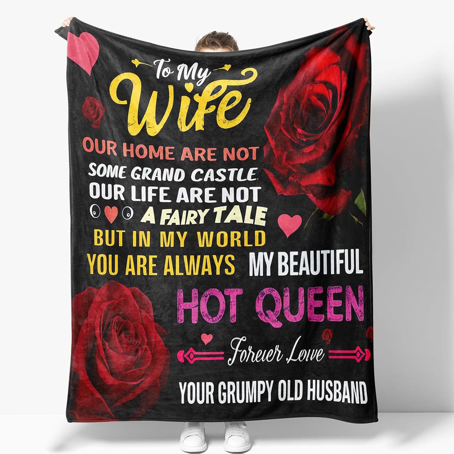 Gifts for Her Wife from Husband, To My Wife Rose Floral Romantic Birthday Wedding Anniversary Valentines Presents for Women Her, Soft Cozy Flannel Red Roses Flower Theme Throw Decor Couch Sofa 60"x50"