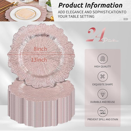 Pesonlook 24Pcs Rose Gold Charger Plates Round 13inch, Reef Plate Chargers for Dinner, Bulk Plastic Floral Table Plates for Dinner Wedding Party Event Table Setting Decoration(Rose Gold)