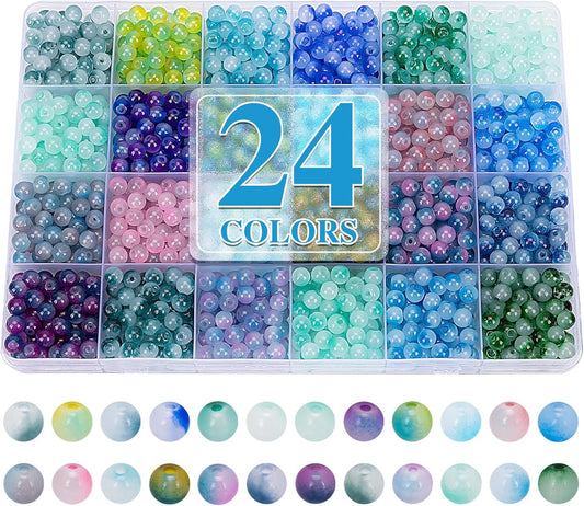 XSEINO About 1200+ pcs 6mm Glass Beads Bracelet Making Kit, 24 Assorted Blue Bi-Color Fusion Series Crystal Beads for Jewelry Making, DIY Crafts, Friendship Bracelets