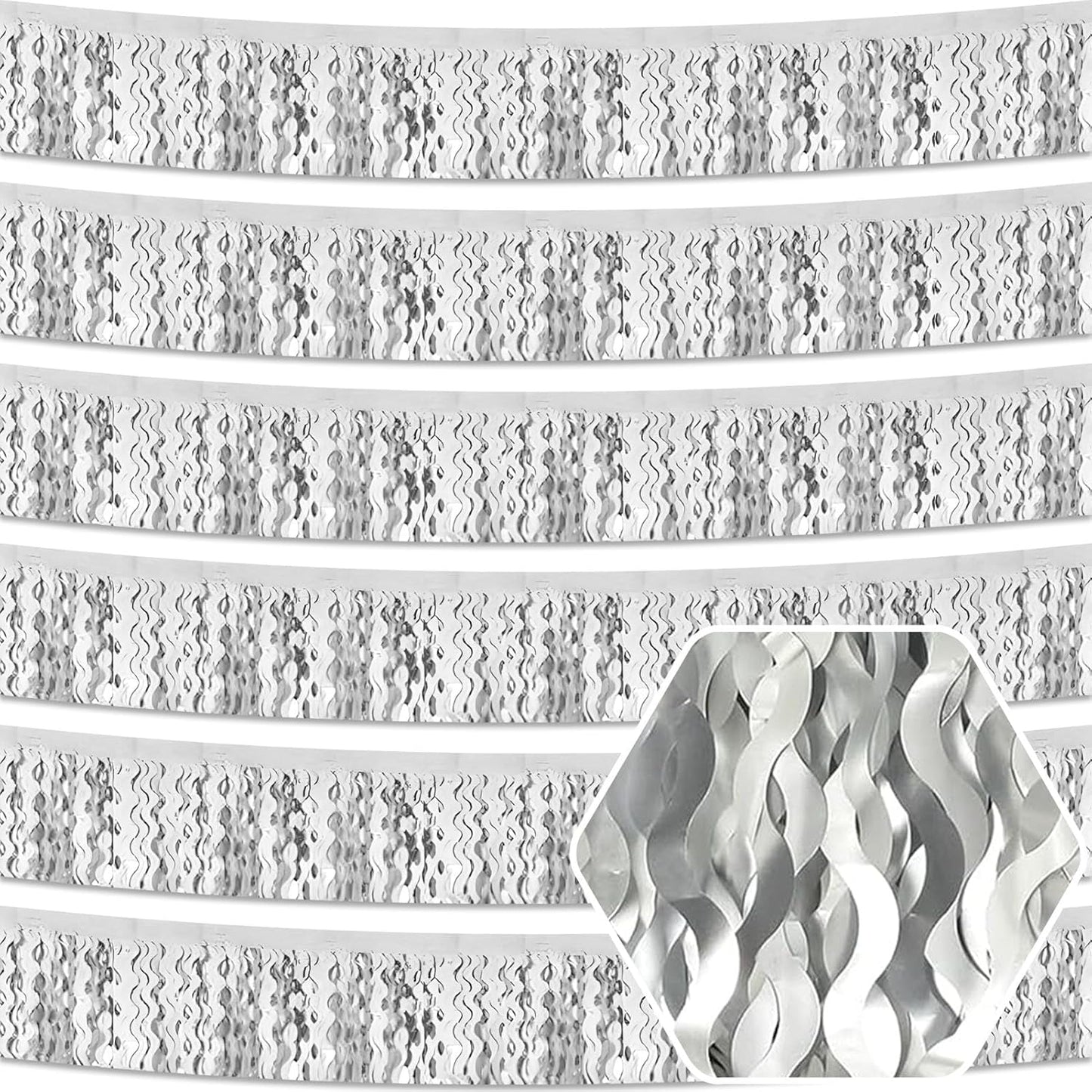 6 Pack 10 Feet Silver Wave Foil Fringe Garland Metallic Tinsel Streamers Banner Wall Hanging Curtain Backdrop for Parade Floats, Mother's Day, Easter, Wedding, Birthday Party Decoration