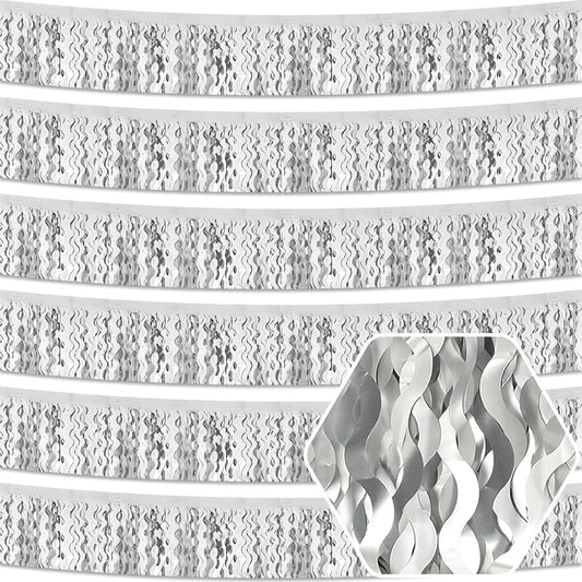6 Pack 10 Feet Silver Wave Foil Fringe Garland Metallic Tinsel Streamers Banner Wall Hanging Curtain Backdrop for Parade Floats, Mother's Day, Easter, Wedding, Birthday Party Decoration