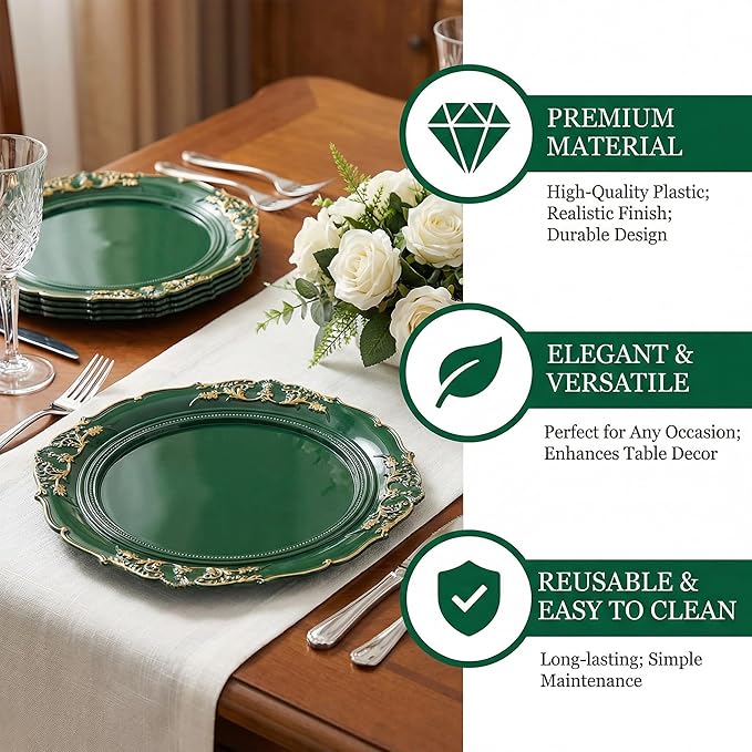 Green Charger Plates, 13 Inch Embossed Chargers for Dinner Plates. Plastic Charger for Wedding, Party. (Set of 6)