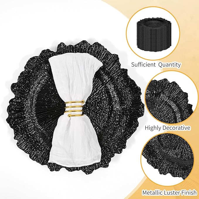 24 Pcs Black Charger Plates Bulk 13 Inch Plastic Charger Plates for Dinner Plate, Black Chargers for Table Setting, Reef Design Plate Floral Decorative Round Chargers for Wedding Party, Event