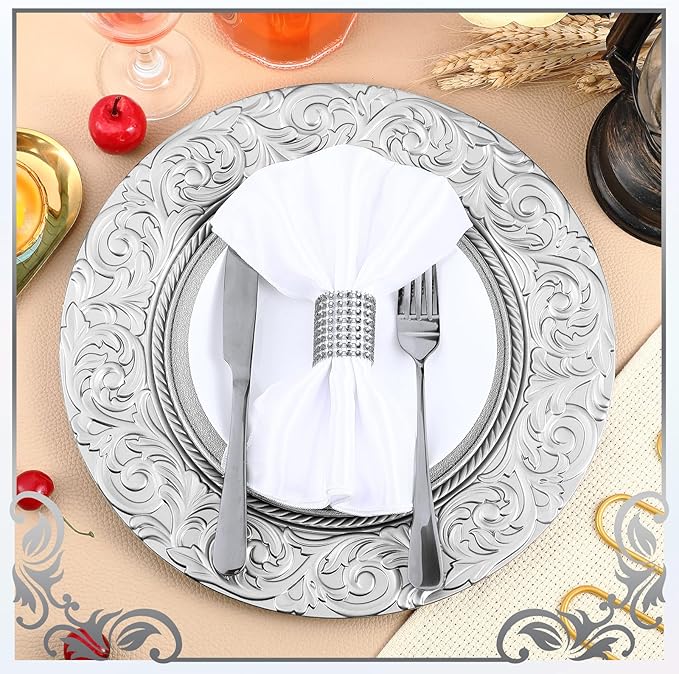 Uiifan 100 Pcs Antique Charger Plates Bulk 13'' Plastic Plate Chargers Decorative Embossed Rim Round Plates for Wedding Party Event Dinner Kitchen Table Setting Decoration (Silver)