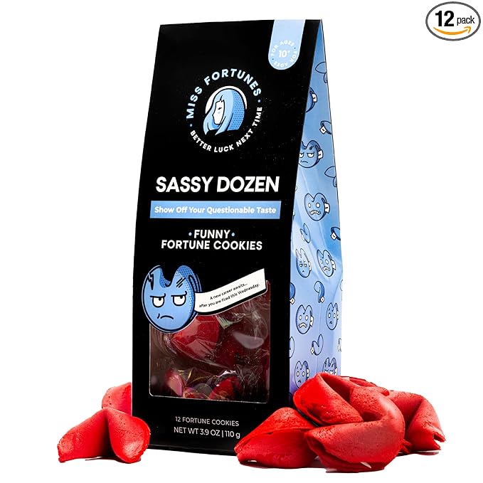 Miss Fortunes, Funny Fortune Cookies, The Sassy Dozen, Let Your Twisted Sense of Humor Shine! Written by Professional Comedy Writers, Safe For All Ages (Box of 12 Individually Wrapped Cookies)