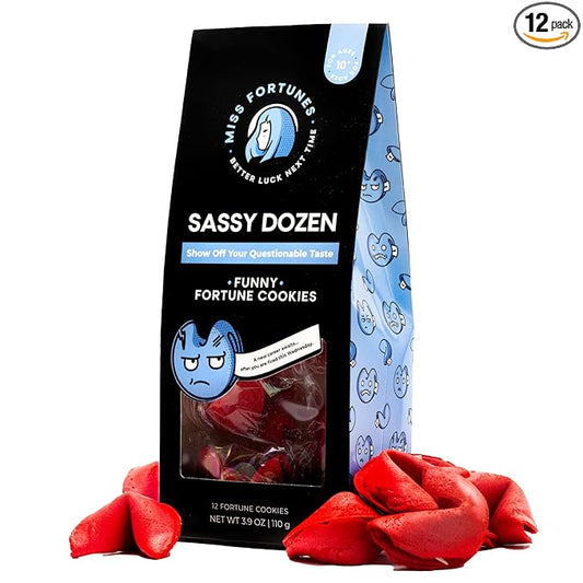 Miss Fortunes, Funny Fortune Cookies, The Sassy Dozen, Let Your Twisted Sense of Humor Shine! Written by Professional Comedy Writers, Safe For All Ages (Box of 12 Individually Wrapped Cookies)