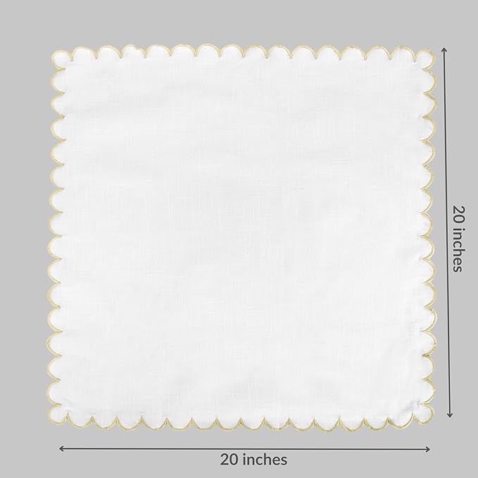 FINGERCRAFT Cloth Napkins, Everyday Use Scallop Design, Premium Quality Natural Cotton Napkin Set of 6 Perfect for Parties Dinners Weddings Easter Napkin Cloth 20x20 inch White/Beige