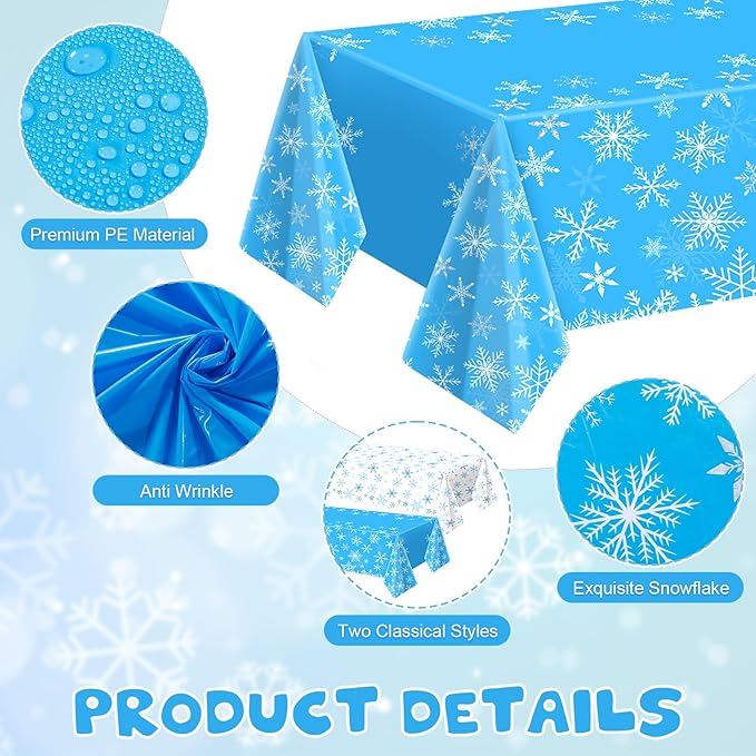 Peryiter 6 Pcs Winter Snowflake Plastic Tablecloth Decorations, Christmas Wonderland Disposable Table Cover 54 x 108 Inch Blue and White Dining Table Cover for Winter Holiday Theme Party Supplies