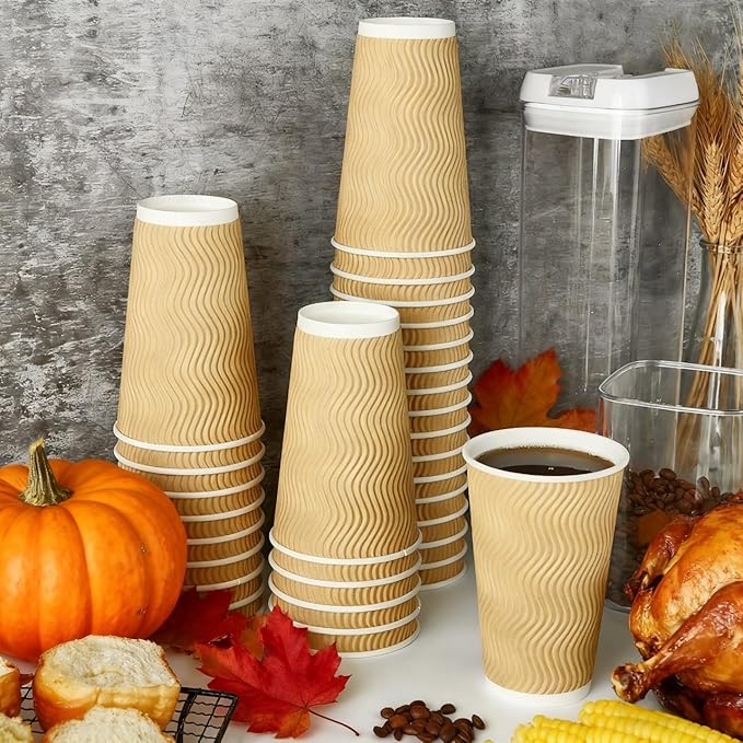 16 oz Coffee Cups, 90 Count Insulated Ripple Wall Paper Hot Coffee Cups for Hot Beverage