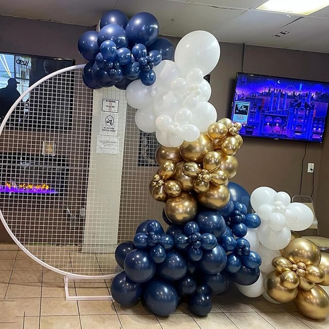 Blue and Gold Balloons Arch Garland Kit, 134pcs Navy Blue Gold White Balloons with Different Size for Graduation, Birthday, Anniversary Party Decorations