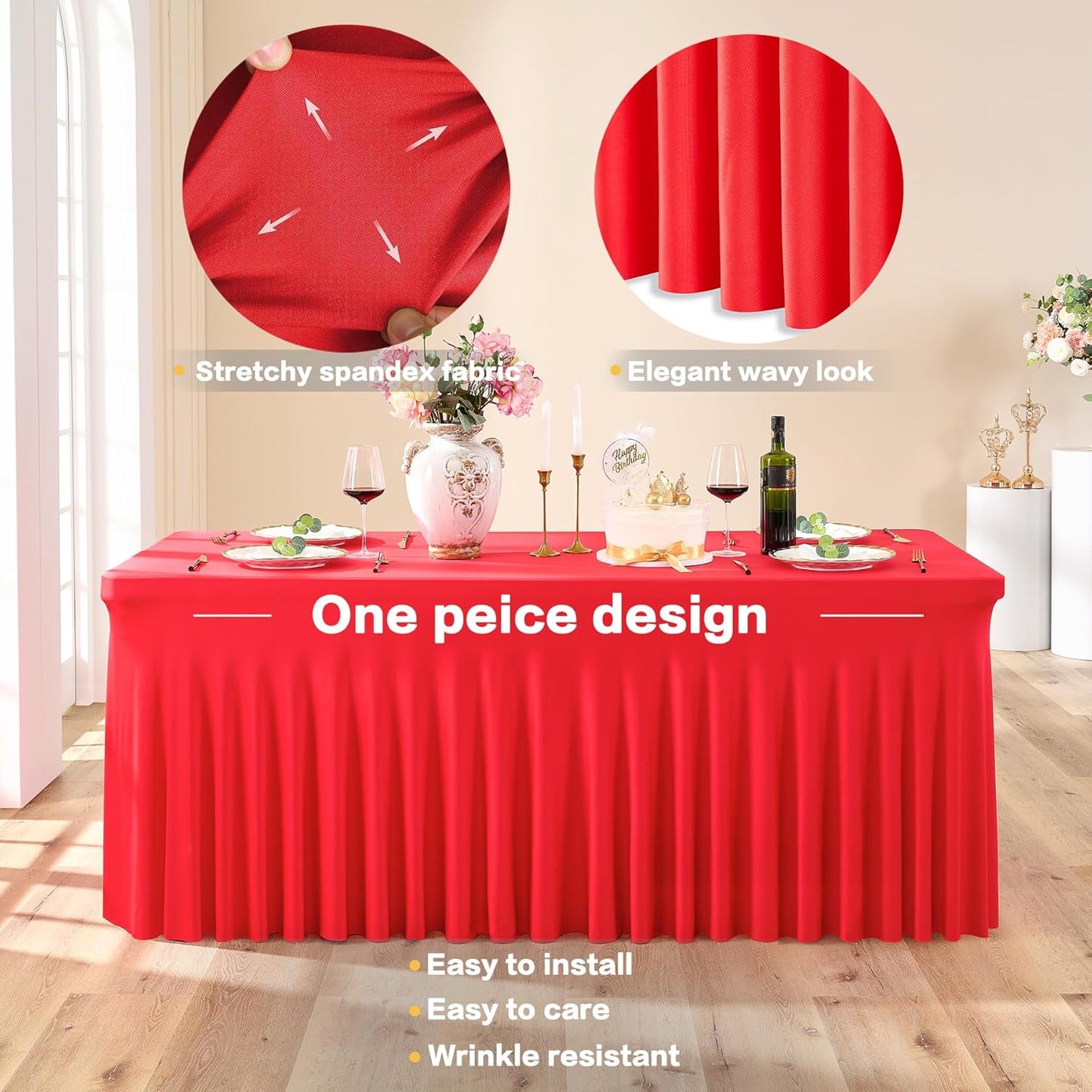 2 Pack Red Spandex Tablecloths for 6 Foot Rectangle Tables, Wrinkle Free 6ft Fitted Table Cloth Stretchy Table Clothes with Skirt for Parties Weddings Birthday Banquet Baby Shower