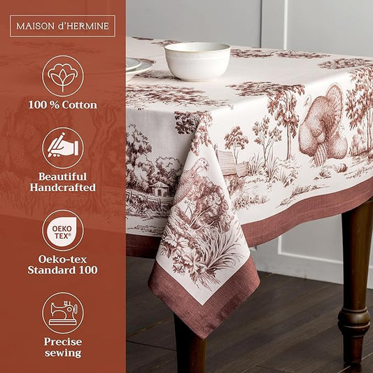 Maison d' Hermine Table Cloth Square Table 100% Cotton 54 x 54 Inches Fall Tablecloth Reusable Everyday Use for Thanksgiving Christmas Decorations Dining Farmhouse Party (Holy Jouy - Brown)