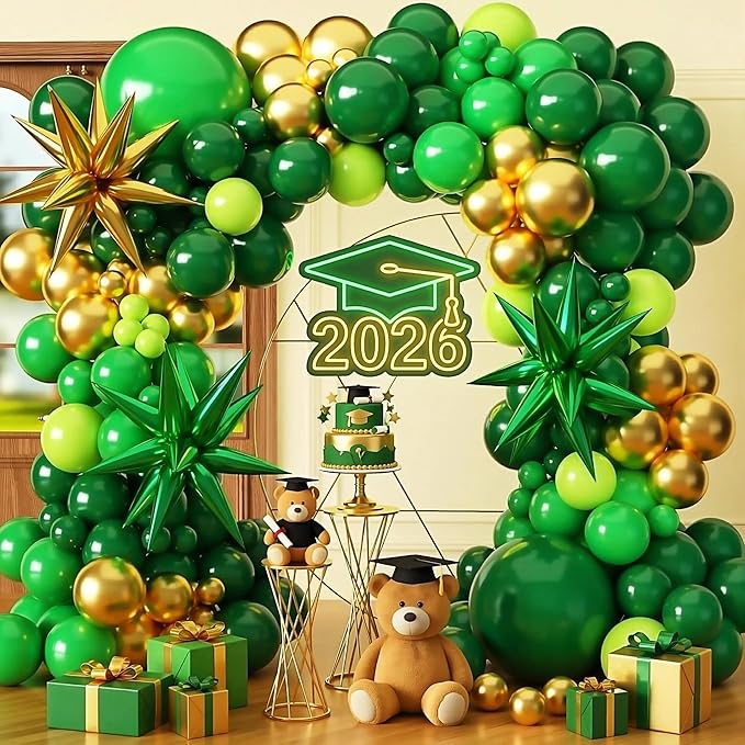 KARLURE Green and Gold Balloon Garland Arch Kit with Stars, Different Sizes Emerald Dark Pastel Green Gold Balloons for Birthday Party 2026 Graduation Decorations Jungle Green Party Decorations