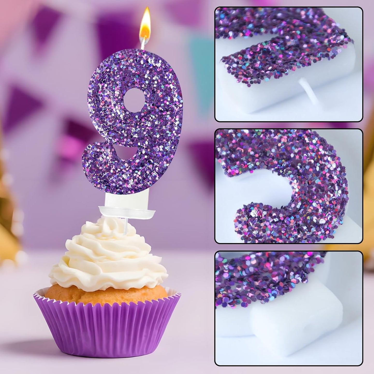 Birthday Number Candles, Glitter Number Candle Cake Decorations with Sequins, Cupcake Decorations for Girls, Women, Party Anniversary Celebrations (Number 9, Purple)