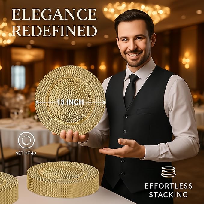JEVERGN 40 Pack Gold Charger Plates Bulk, 13" Hammered Chargers for Dinner Plates, Gold Plate Chargers Set of 40, Round Plastic Charger for Wedding, Party Event, Dinner, Table Setting