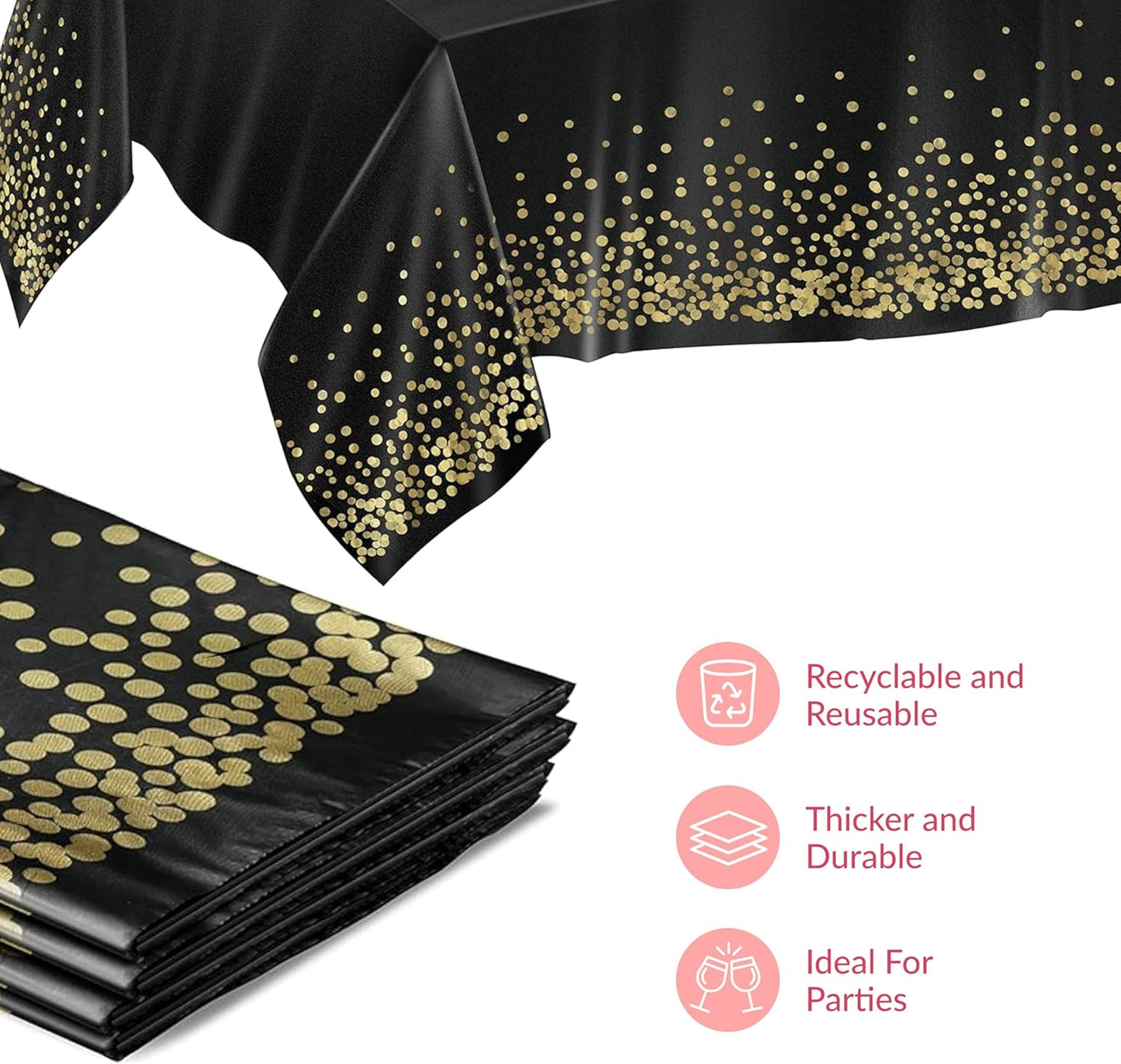 Prestee Gold and Black Table Cloth for Events - Pack of 4, 54 x 108 Inches - Disposable Table Cover, Ideal Black Tablecloths for Party Decorations, Dining, and Holiday Celebrations