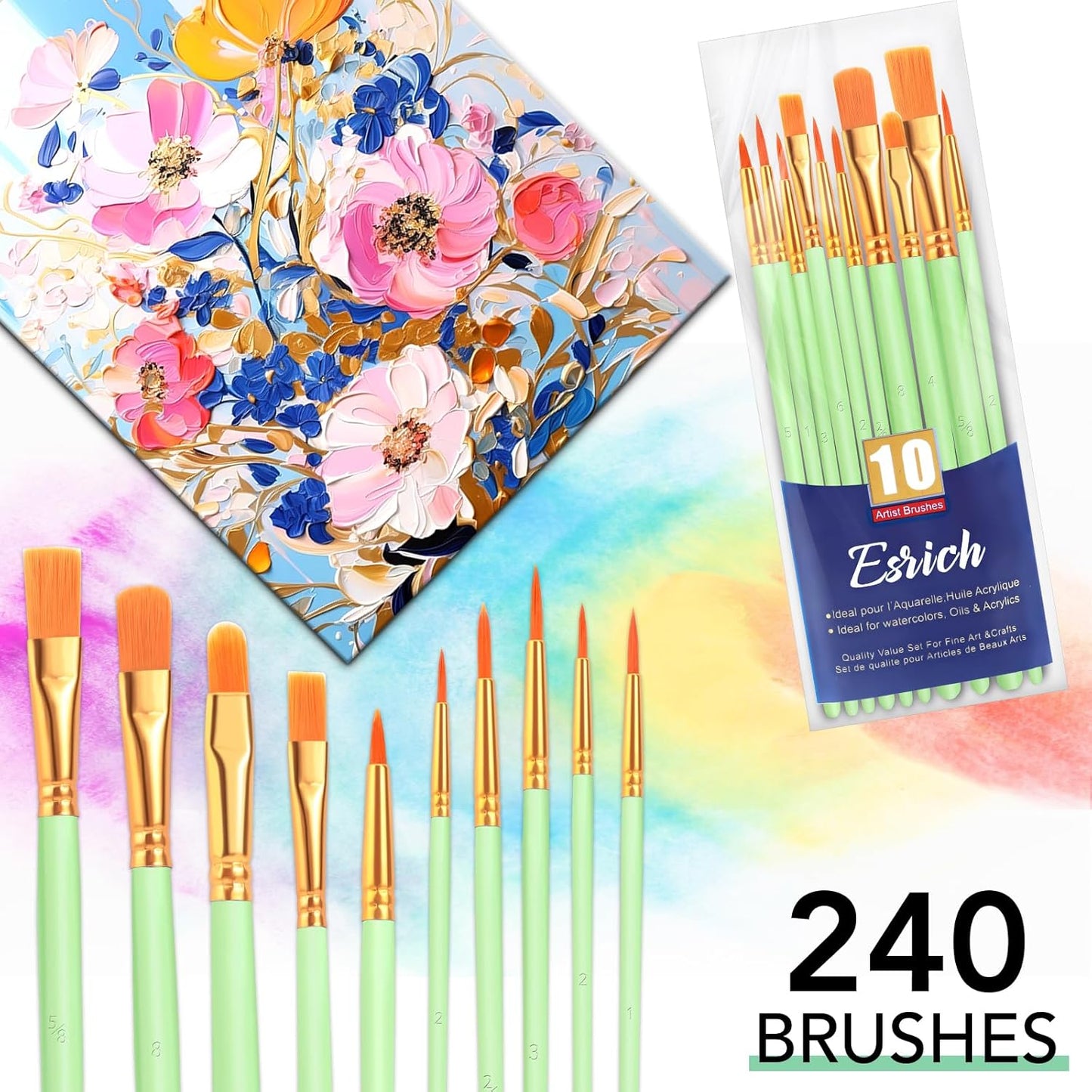 ESRICH Paint Brushes Set,24 Packs 240 Pcs Acrylic Paint Brush Set,Acrylic Oil Watercolor, Face Nail Art, Miniature Detailing,Rock Painting,Painting Artist Professional Kits(Green)