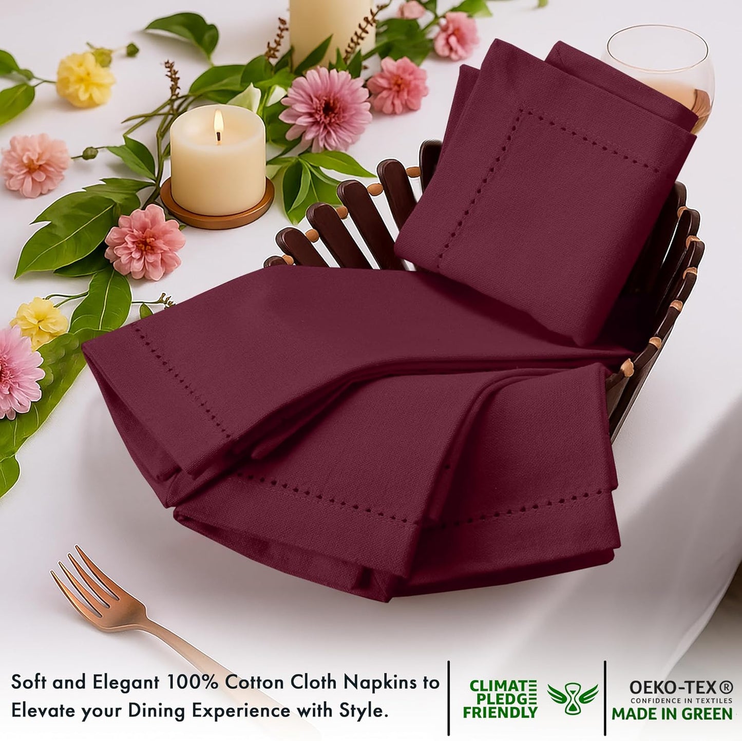 Ruvanti Cloth Napkins - 100% Cotton Dinner Napkins, Hem Stitched Corners, 18x18 Inch, 12 Pack - Soft, Absorbent, Durable, Reusable, Wrinkle Resistant for Formal Dining & Everyday Use - Burgundy