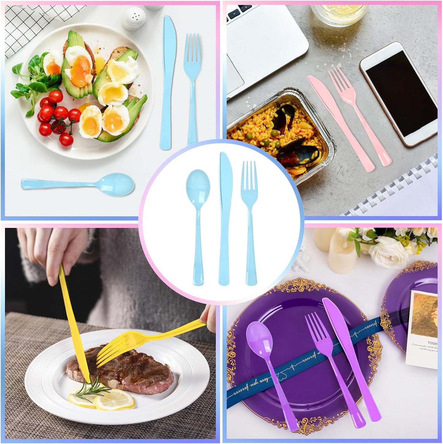 300 Pack Pink Blue Purple Yellow Disposable Plastic Silverware Heavy Duty, Plastic Cutlery Set,Forks and Spoons Knives Set for Birthday Party Prom Night, Weddings, (Macaron Colors)