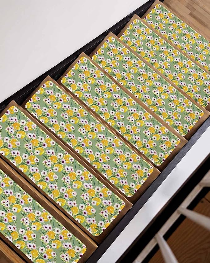 Summer Flowers Stair Treads Non Slip for Wooden Steps Pink Floral Yellow Lemons Leaves Green Pastoral Stair Runner Carpet Reusable Adhesive Staircase Rugs for Dogs, Elders and Pets, 8x30 Inch, 4PCS