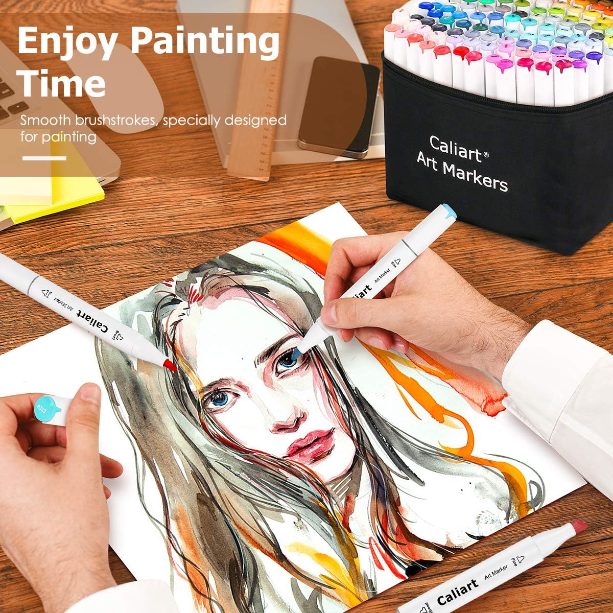 Caliart Alcohol Based Markers, 52 Colors Art Marker Set Fine & Chisel Dual Tip, Permanent Colored Pens for Adults Artists Coloring Book Illustration Sketch Lettering Drawing Cards Planner