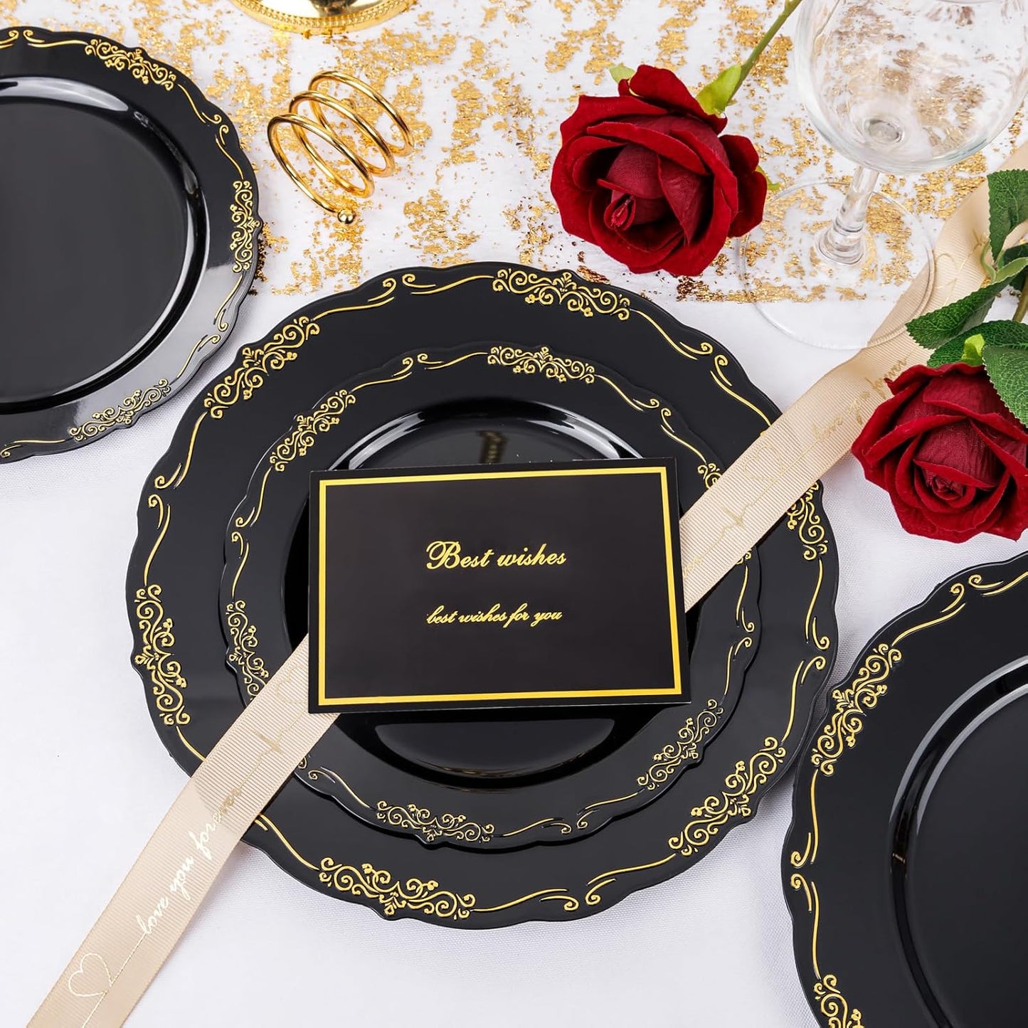 U-QE 100PCS Black Gold Plastic Plates - Heavy Duty Halloween Disposable Plates Including 50PCS 10'' Dinner & 50PCS 7.5'' Dessert Plates - Hard Plastic Plate for Halloween & Party & Wedding