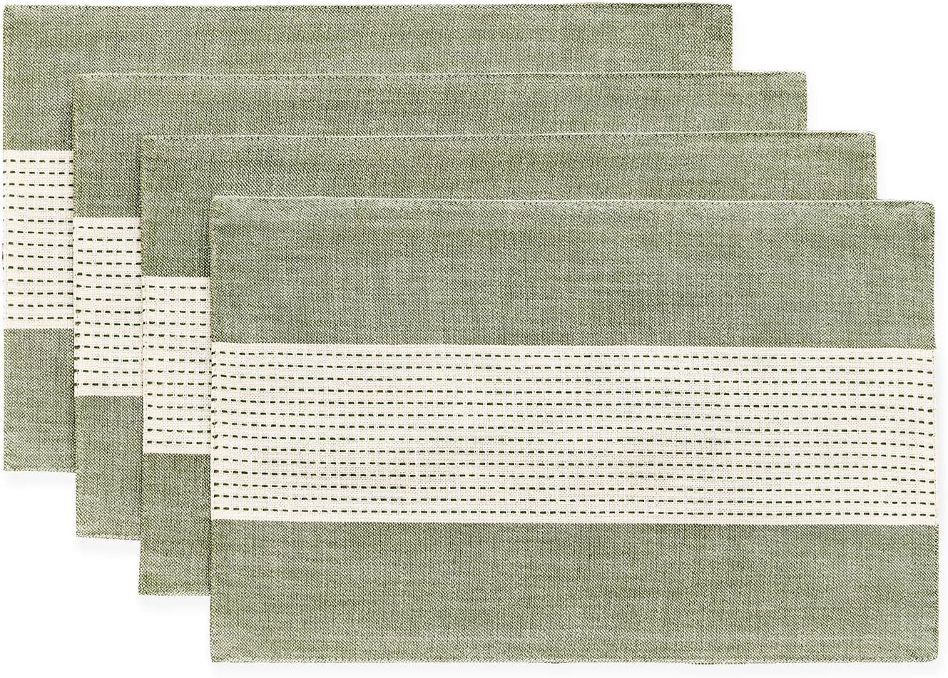 Wracra Linen Placemats, 12 x 18 Inch Set of 4 Placemats, Farmhouse Macrame Place Mats for Kitchen Table and Heat Resistant-Hemstitch Sage Green 4PCS