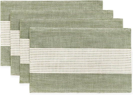 Wracra Linen Placemats, 12 x 18 Inch Set of 4 Placemats, Farmhouse Macrame Place Mats for Kitchen Table and Heat Resistant-Hemstitch Sage Green 4PCS